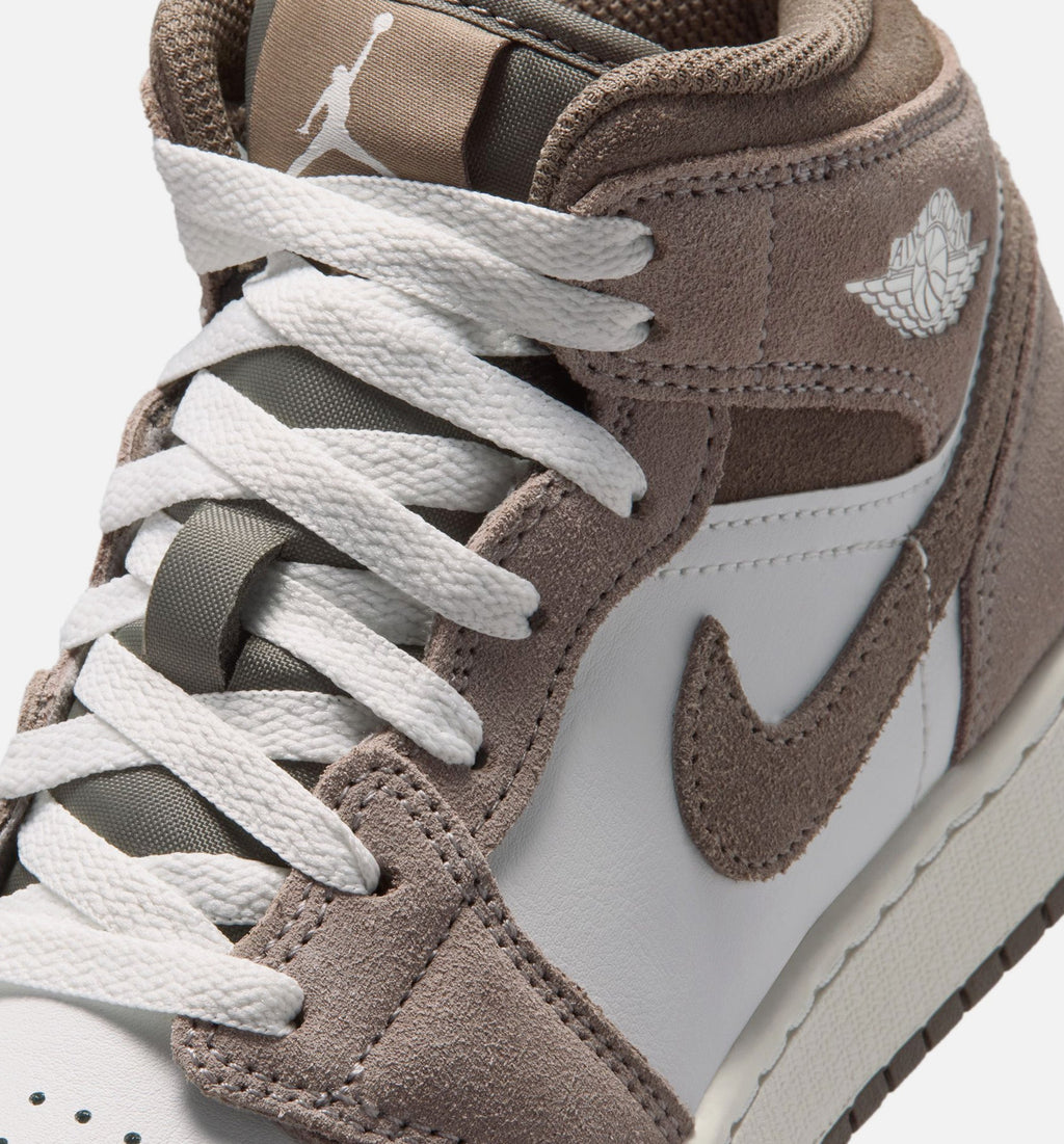 Air Jordan 1 Mid – Grade School Lifestyle Shoe in Enigma Stone/Olive Grey/Summit White