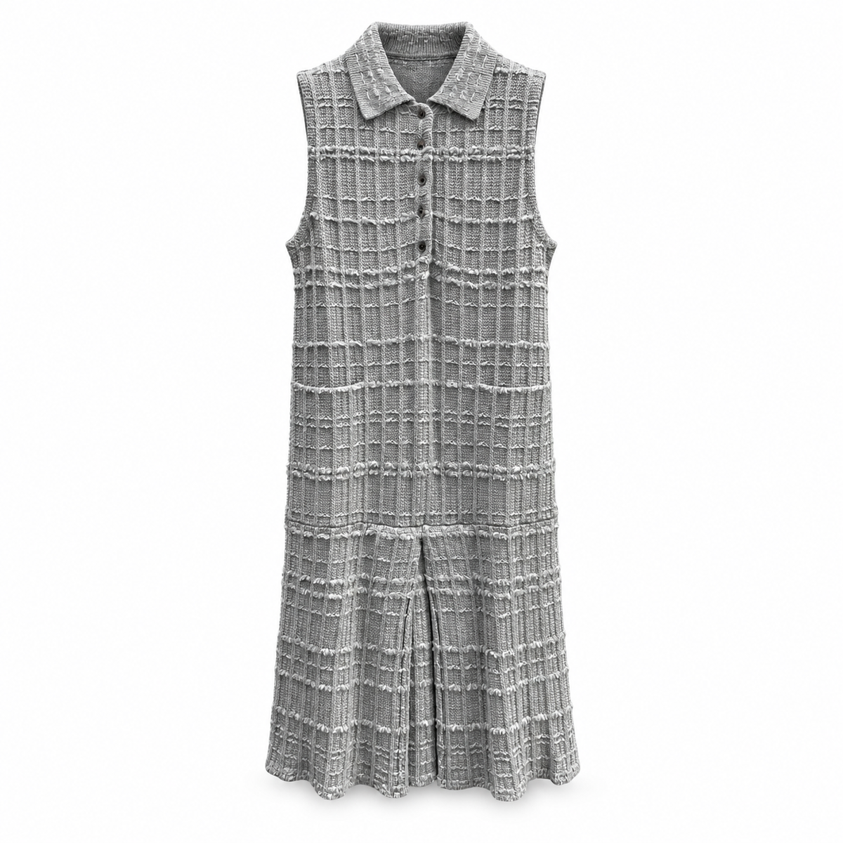 Thom Browne Style Gray Tweed Jacquard Sleeveless Polo Dress