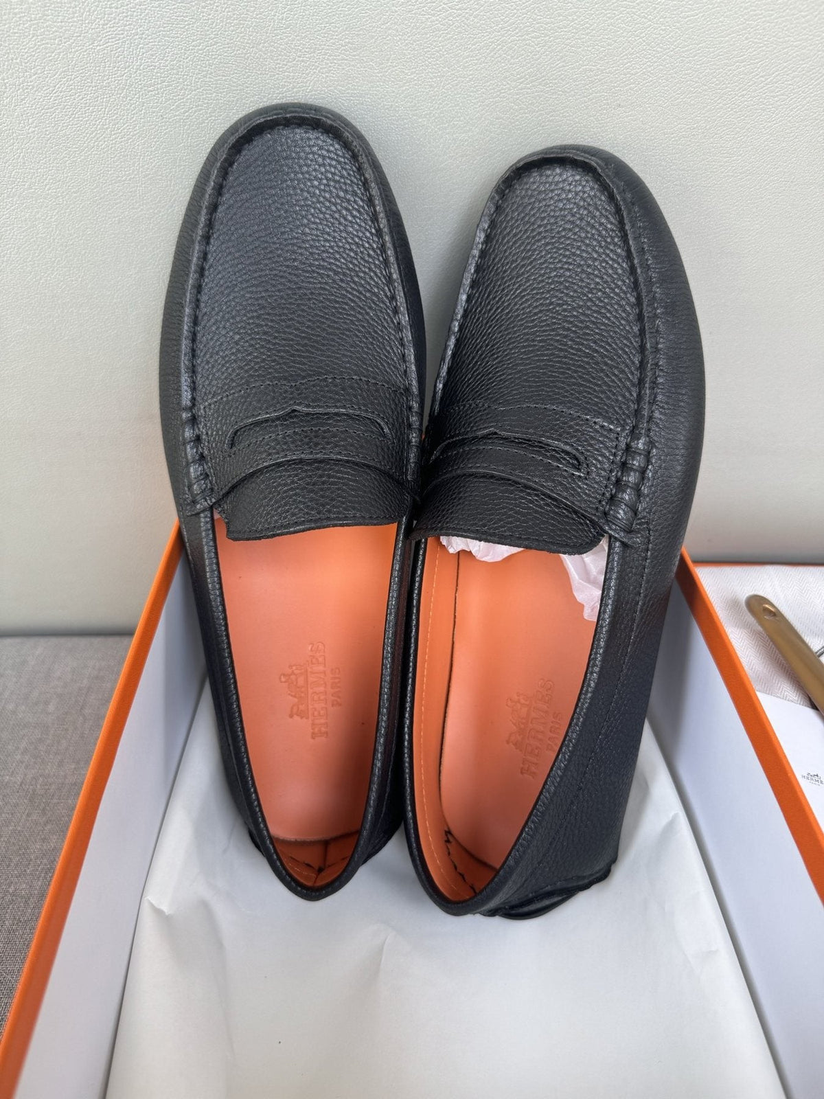 Hermès Men's Black Textured Penny Loafers