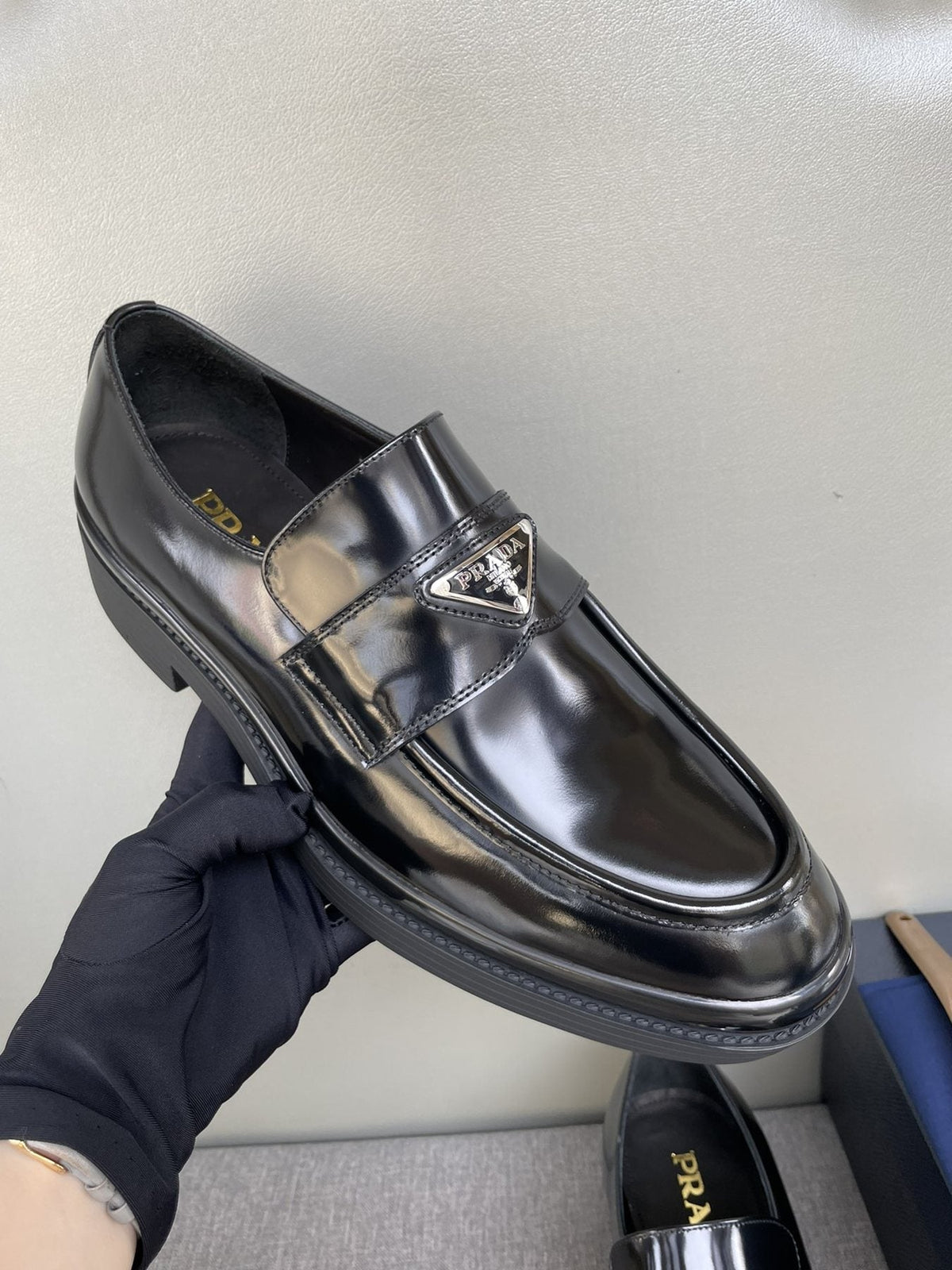 Prada Men's Black Glossy Plaque Loafers