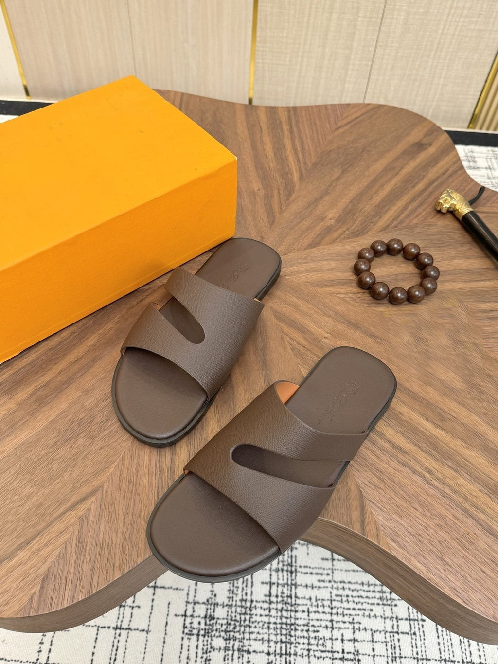 Loro Piana Men's Dark Brown Leather Slide Sandals